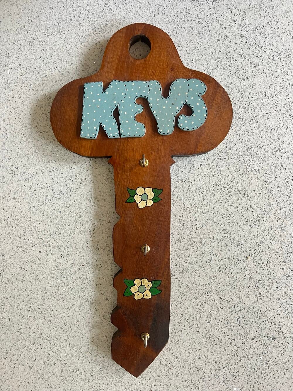 Vintage hand painted, country kitchen, wood key holder with 3 hooks.